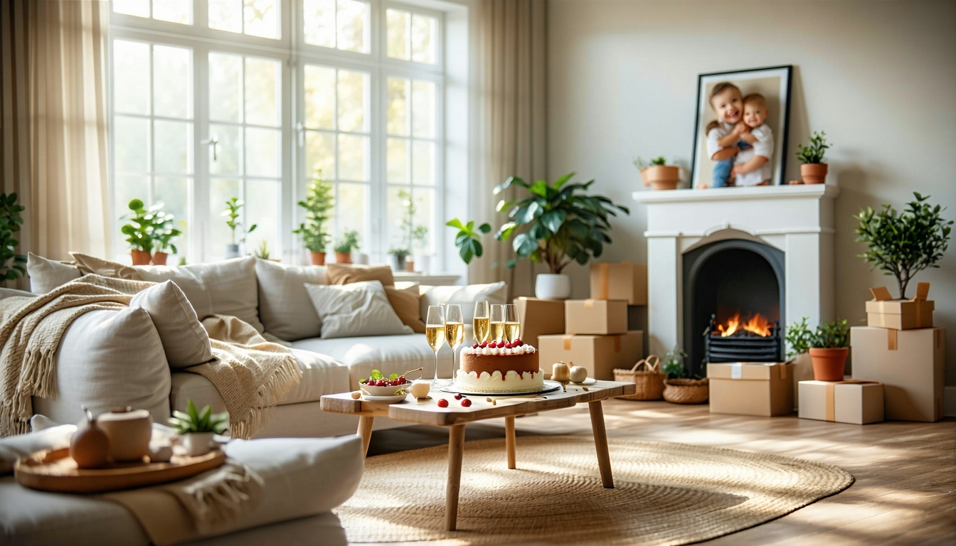 The image depicts a bright and inviting living room in a newly purchased home Sunlight streams through large windows adorned with sheer white curtains illuminating the polished wooden floors and soft beige walls A cozy sofa draped with a plush throw