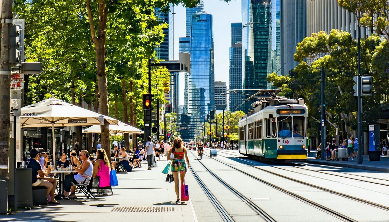 The image depicts a bustling urban street in Melbourne Australia during a sunny afternoon Skyscrapers tower in the background their glass facades reflecting the bright blue sky People of diverse backgrounds stroll along the sidewalk some carrying sho-2
