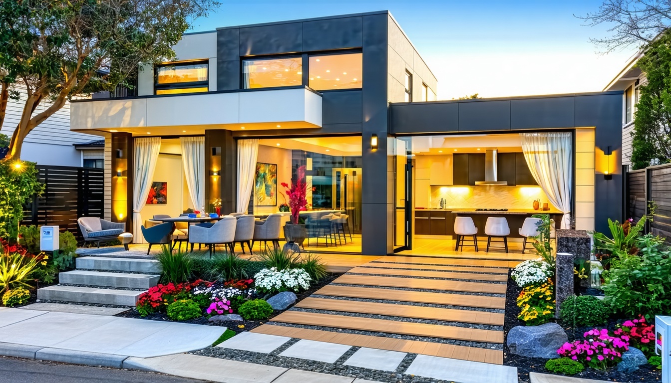The image depicts a modern vibrant 3bedroom home in Northcote showcasing a blend of contemporary architecture and lush landscaping The exterior features a welcoming facade with large windows adorned with tasteful curtains allowing natural light to fl-1
