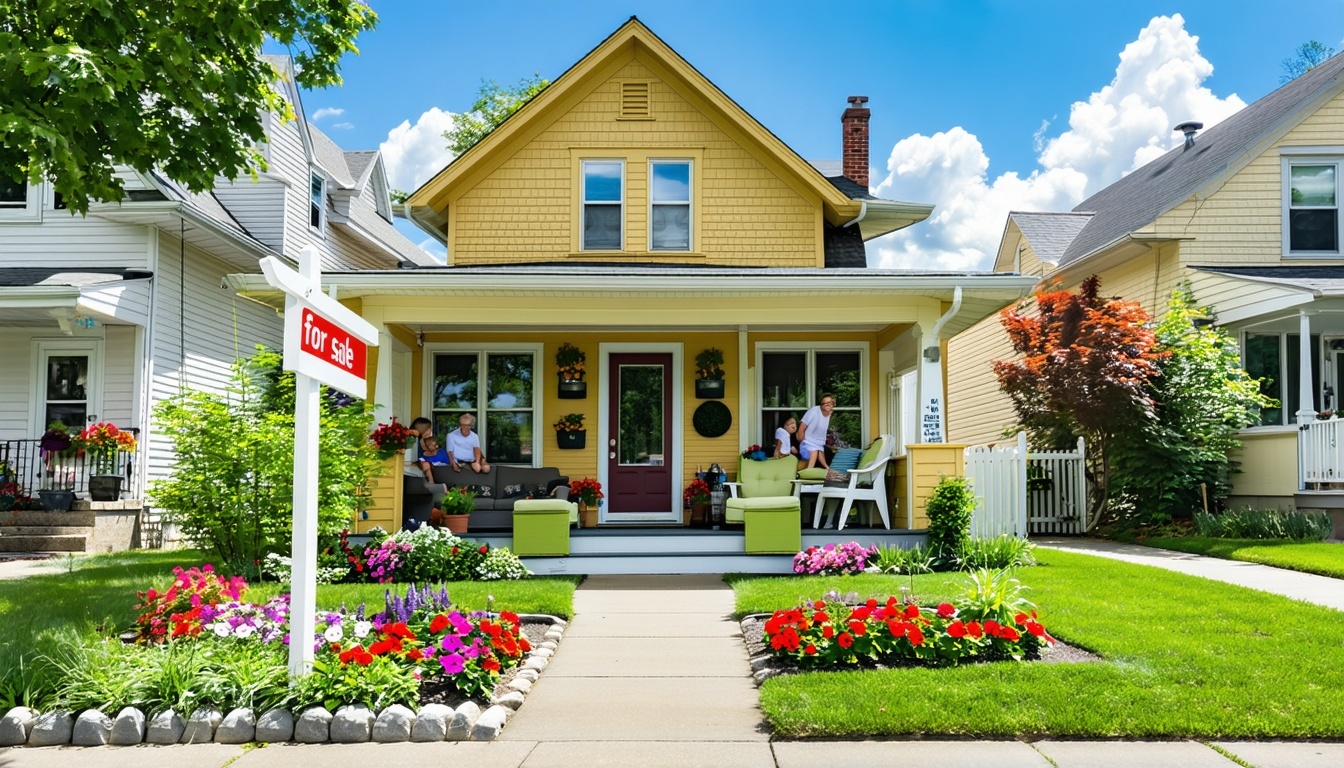 The image depicts a warm and inviting family home nestled in a quiet suburban neighborhood The exterior features a charming facade with a wellmaintained garden showcasing vibrant flowers and lush greenery A welcoming front porch adorned with comforta-1