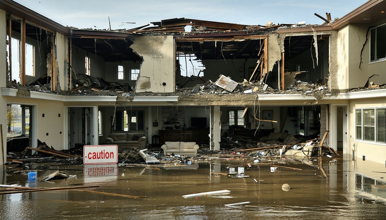 The image depicts a residential property heavily damaged by flooding with water levels reaching the first floor windows The exterior shows mud stains and debris along the walls Inside the ceilings have collapsed exposing insulation and electrical wir-1